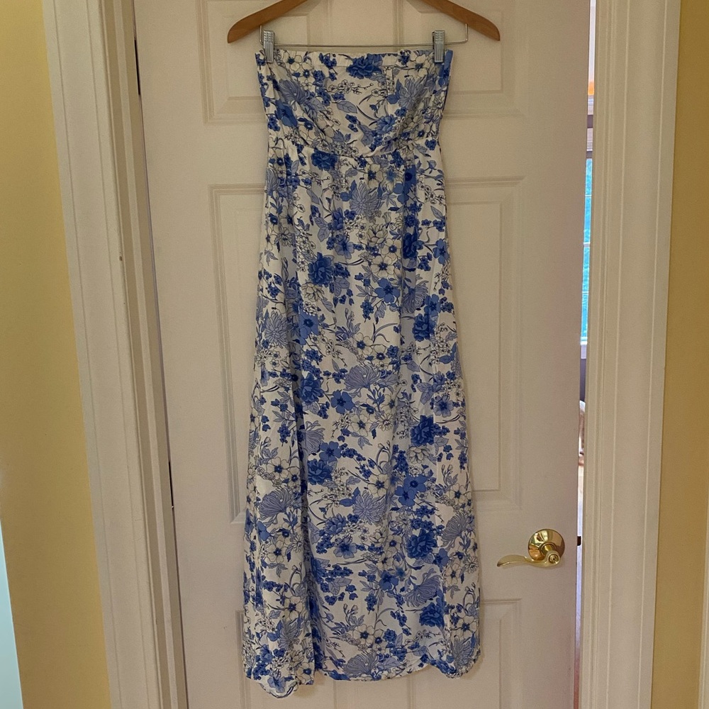 Strapless blue maxi dress